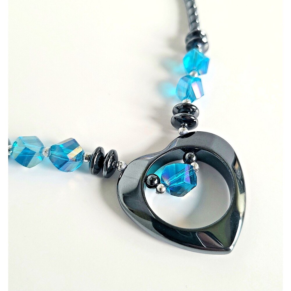 Hematite Heart Shaped Pendant Necklace Blue Crystal Glass Beads Faceted Healing